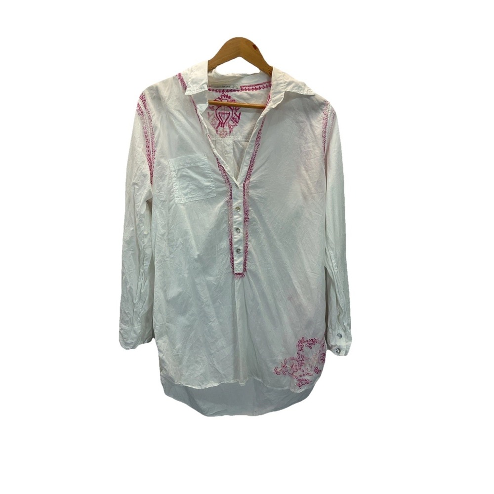 Subtle Luxury long slv white cotton pink‎ embroidered tunic LG beach popover